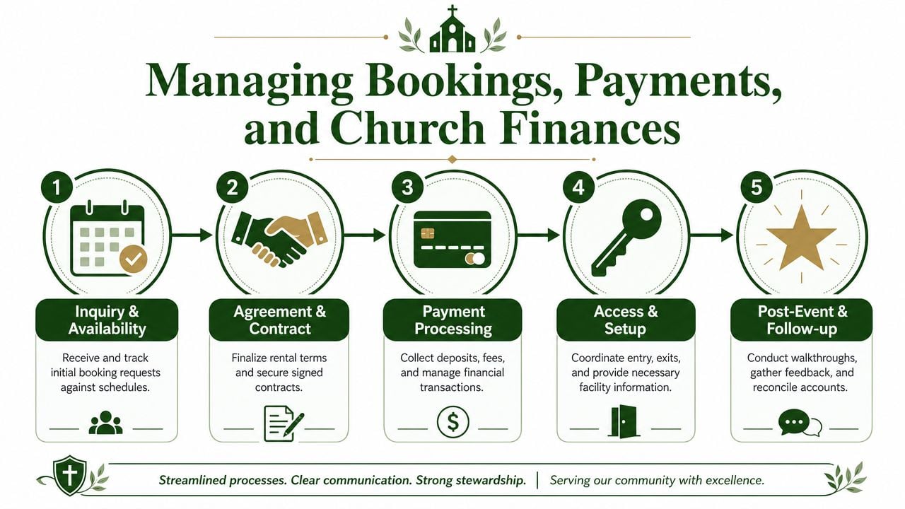A five-step flowchart for managing church rental bookings, payments, and financial administration processes efficiently.
