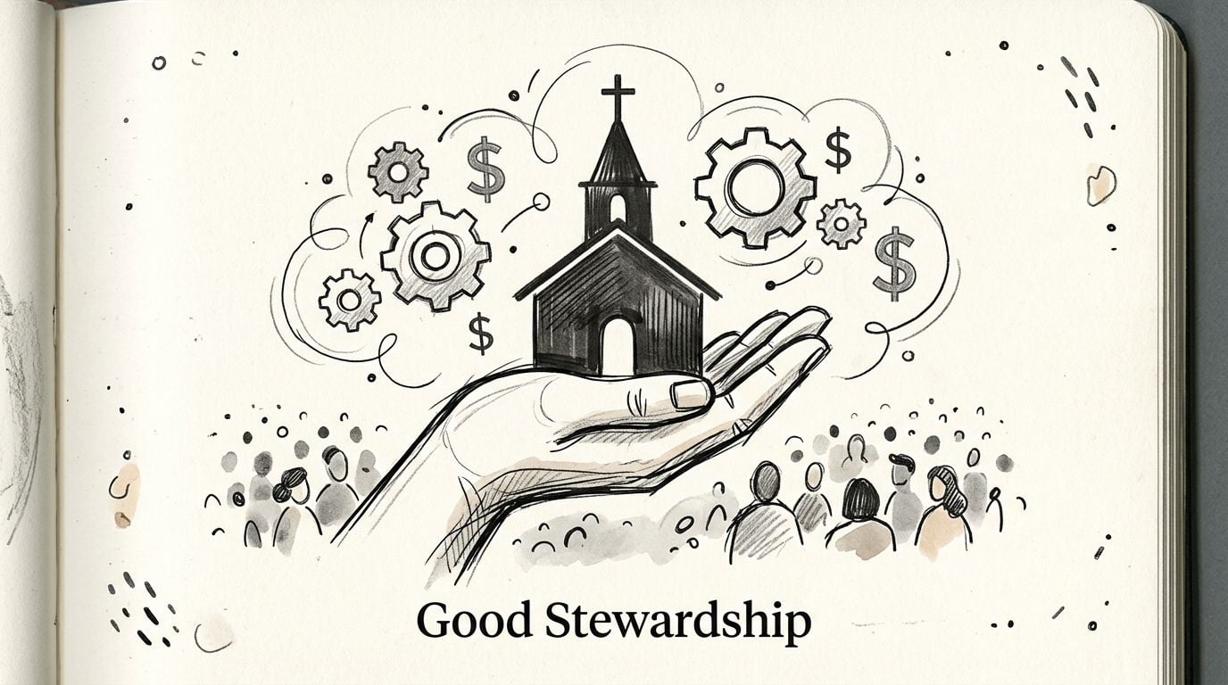 A hand holding a church icon, surrounded by gears and dollar signs, illustrating concepts of church stewardship.