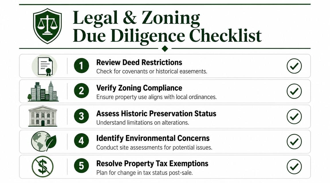 A checklist for legal and zoning due diligence for property acquisitions, featuring five key steps.