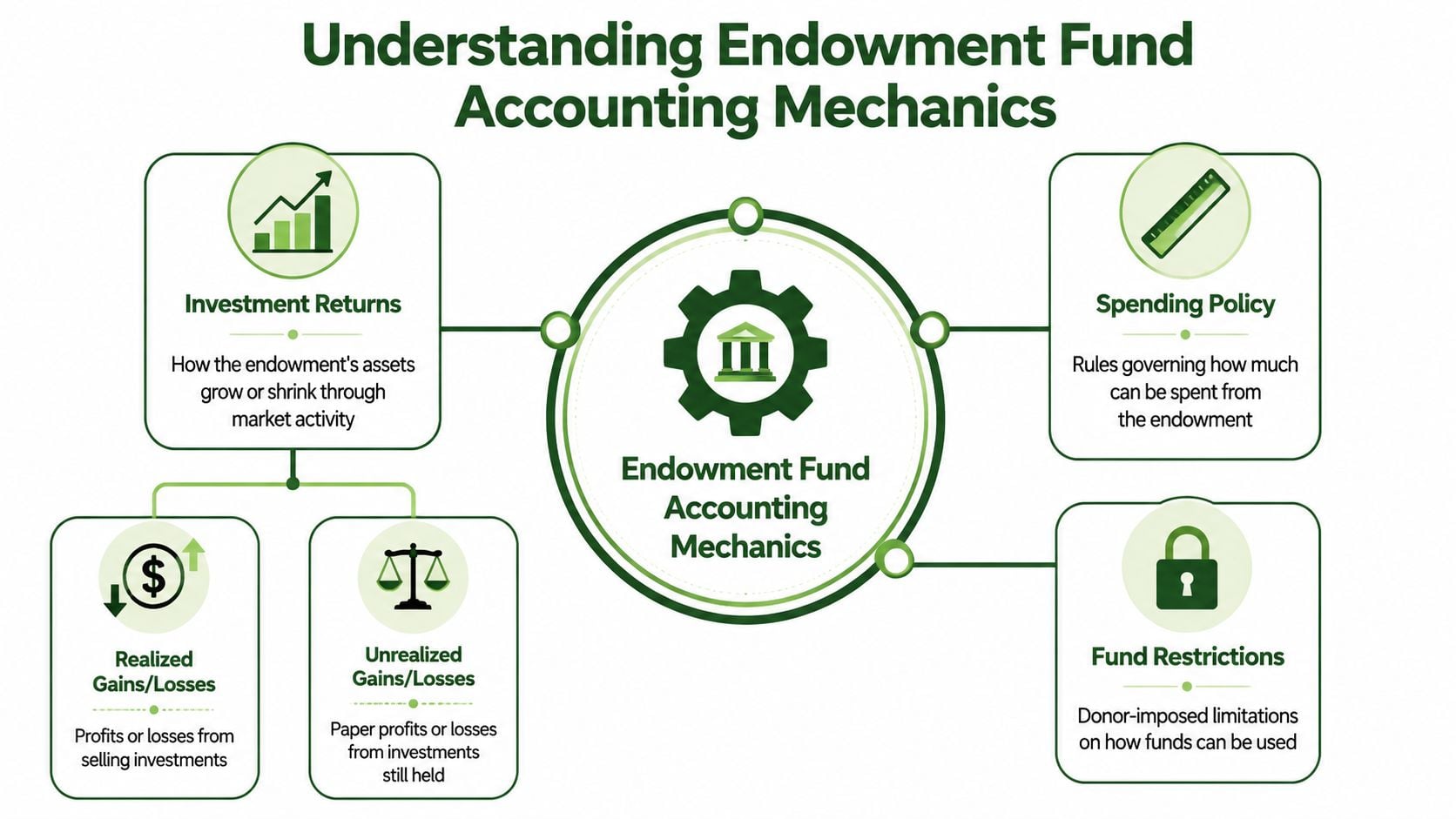 A diagram illustrating the core mechanics of endowment fund accounting, including investment returns, spending policies, and restrictions.