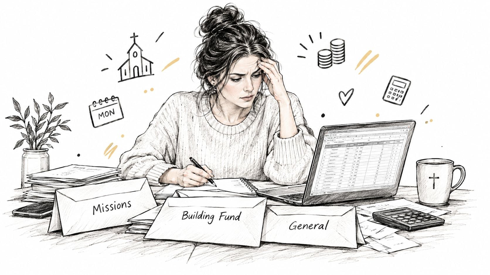 A woman looks stressed while managing church financial records with envelopes labeled Missions, Building Fund, and General.