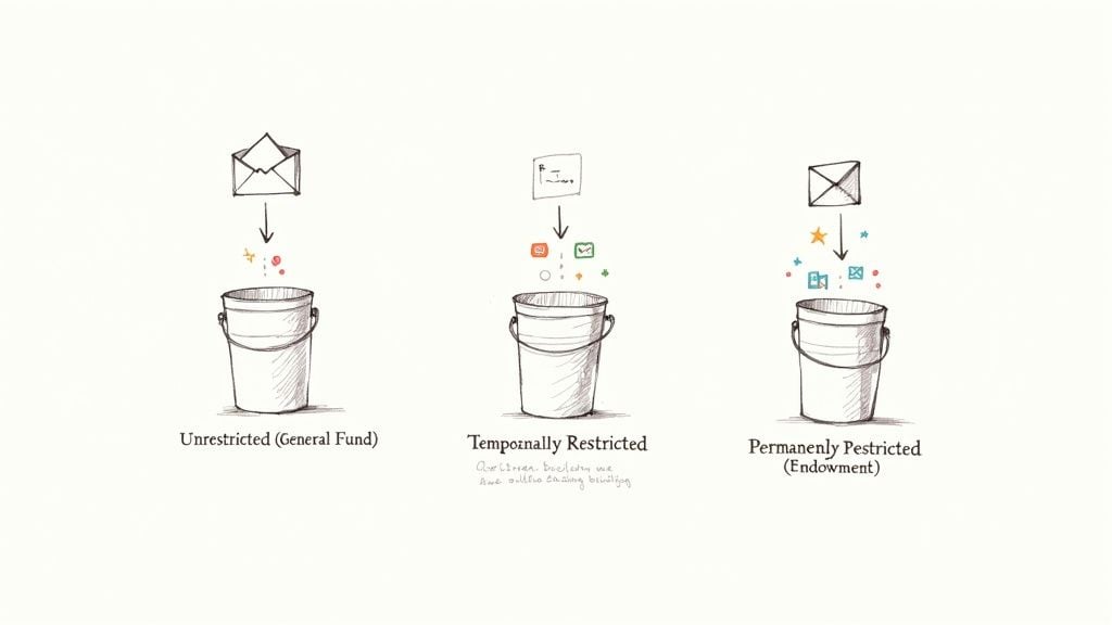 Diagram illustrating unrestricted, temporarily restricted, and permanently restricted (endowment) funds as money buckets.