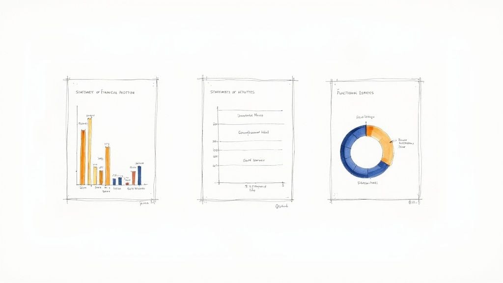 Three hand-drawn financial charts: a bar chart, a stacked bar chart, and a donut chart.