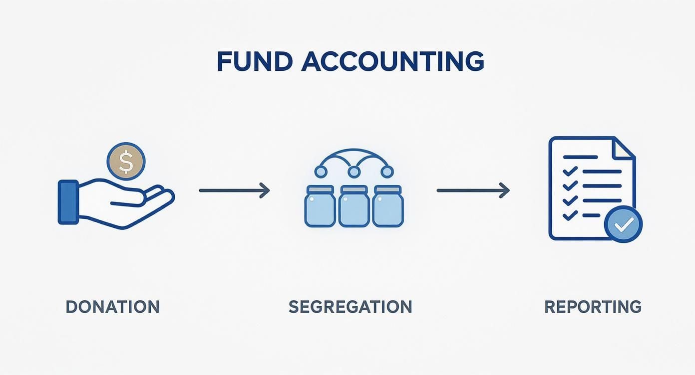A diagram illustrating the fund accounting process with steps: donation, segregation of funds, and reporting.