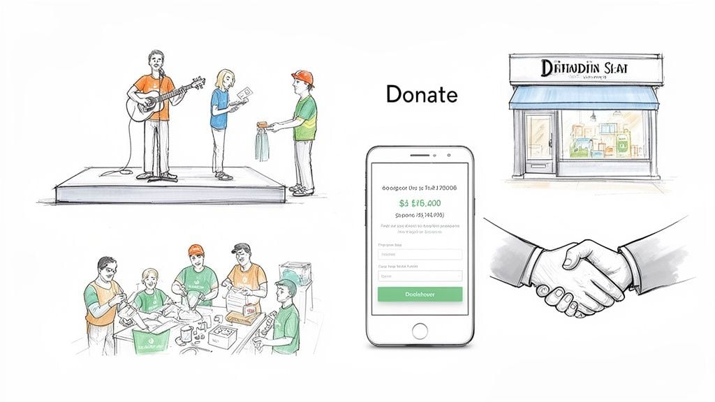 Illustrations showing community fundraising activities, online donations, a charity shop, and people shaking hands.