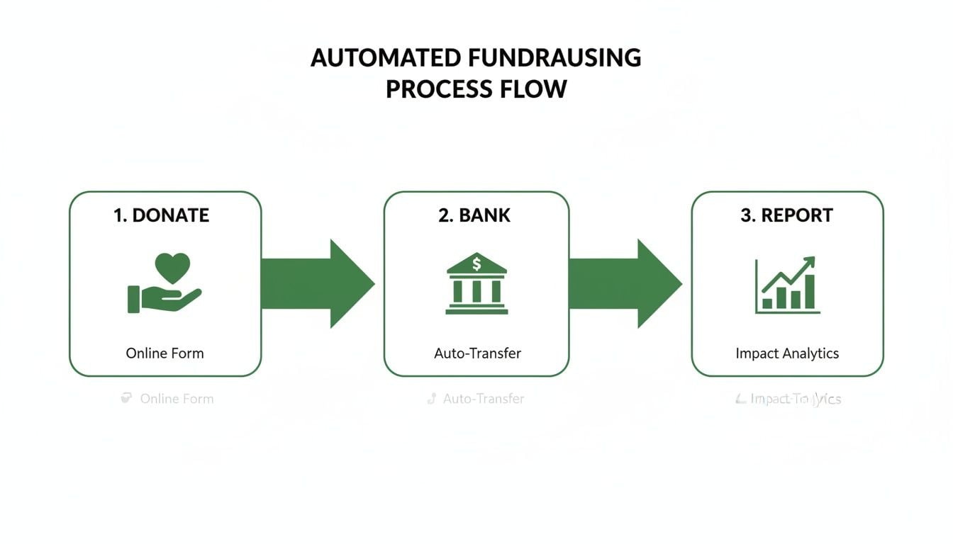 Automated fundraising process flow showing three steps: Donate, Bank, and Report with icons.