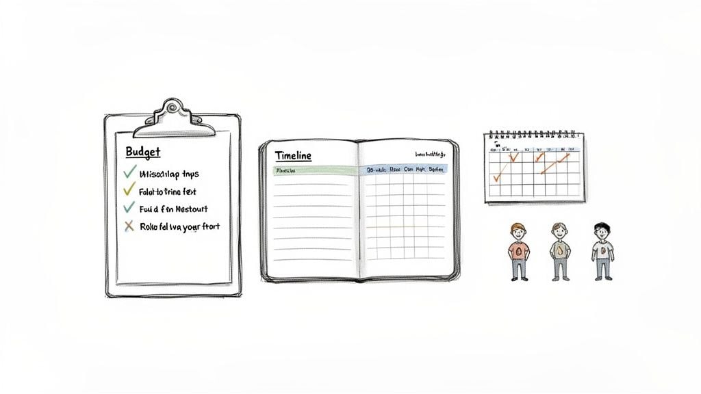 Illustration of a clipboard with a budget list, an open timeline notebook, a calendar, and three cartoon boys.