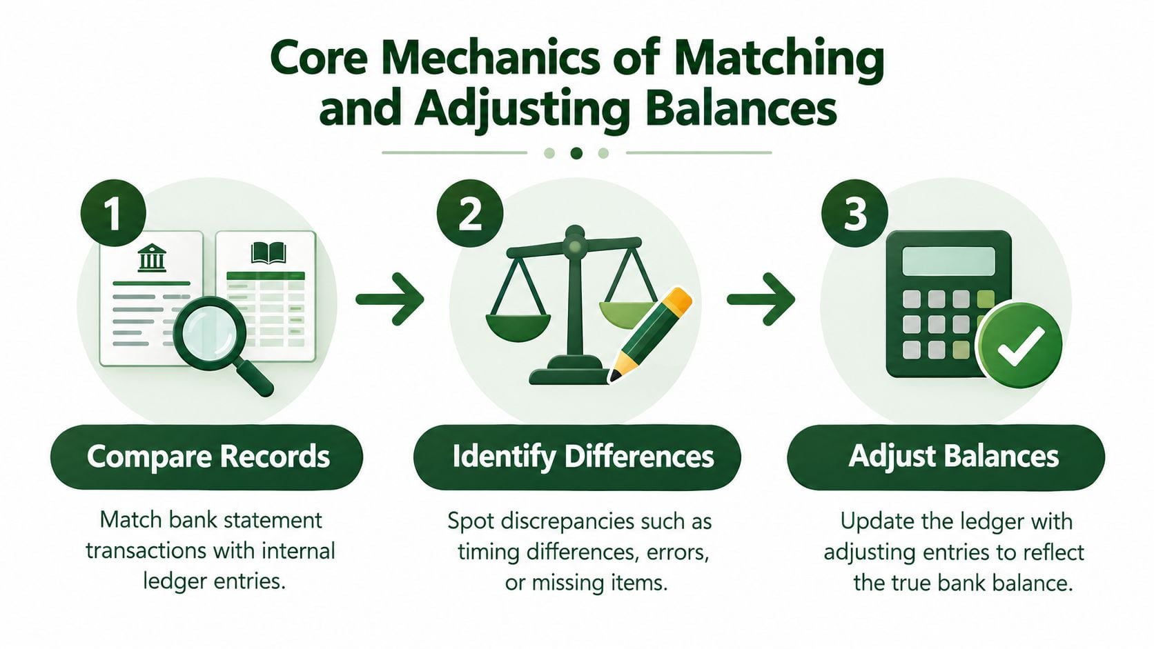 A three-step infographic illustrating the bank reconciliation process of comparing records, identifying differences, and adjusting balances.