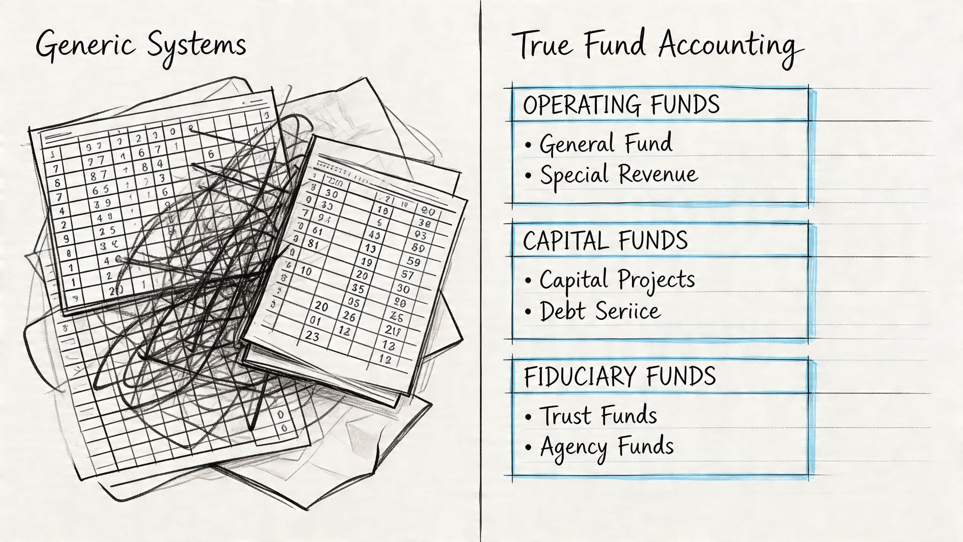 A comparison showing a disorganized spreadsheet labeled Generic Systems versus an organized chart titled True Fund Accounting.