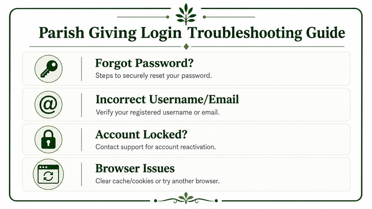 A visual troubleshooting guide for Parish Giving login issues, listing steps for passwords, emails, locks, and browser errors.