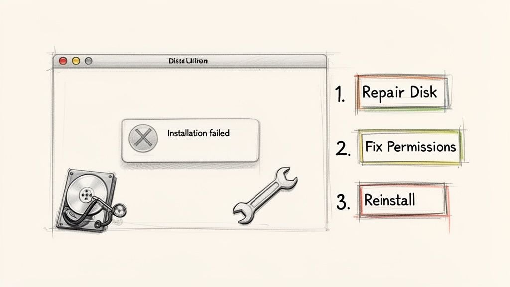 Mac installation failed error with troubleshooting steps: repair disk, fix permissions, and reinstall.