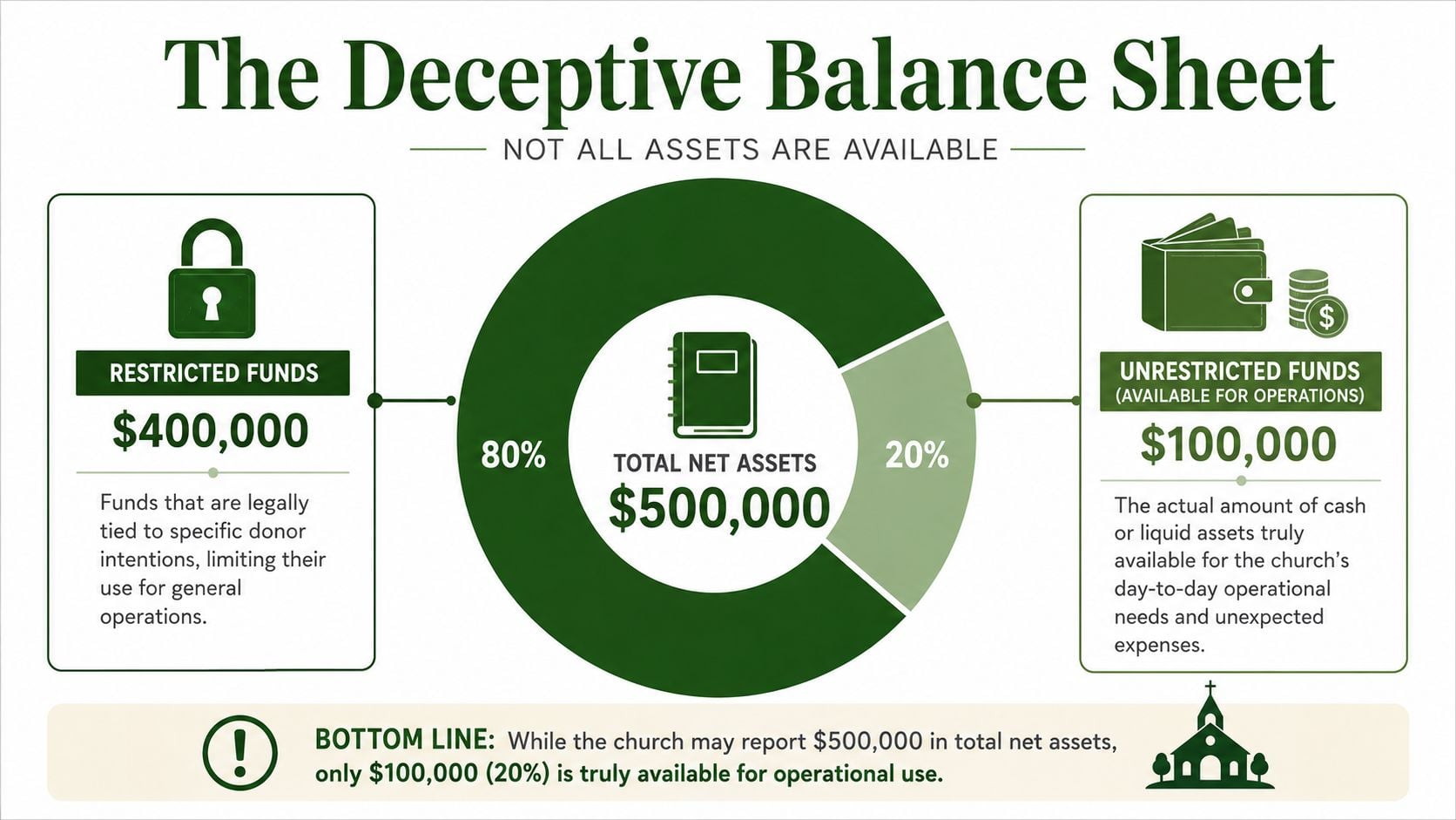 An infographic titled The Deceptive Balance Sheet showing how restricted funds limit operational church assets.