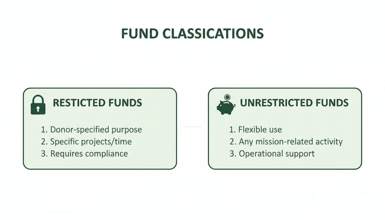 A graphic illustrating the classifications of funds: restricted and unrestricted, with their respective characteristics.
