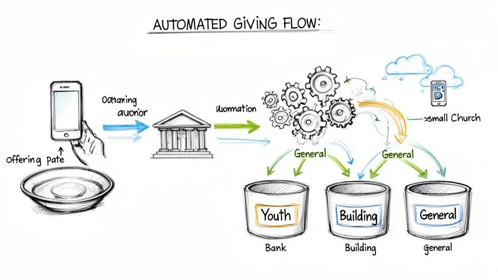 Diagram illustrating an automated giving flow for a small church, from mobile donation to fund distribution.