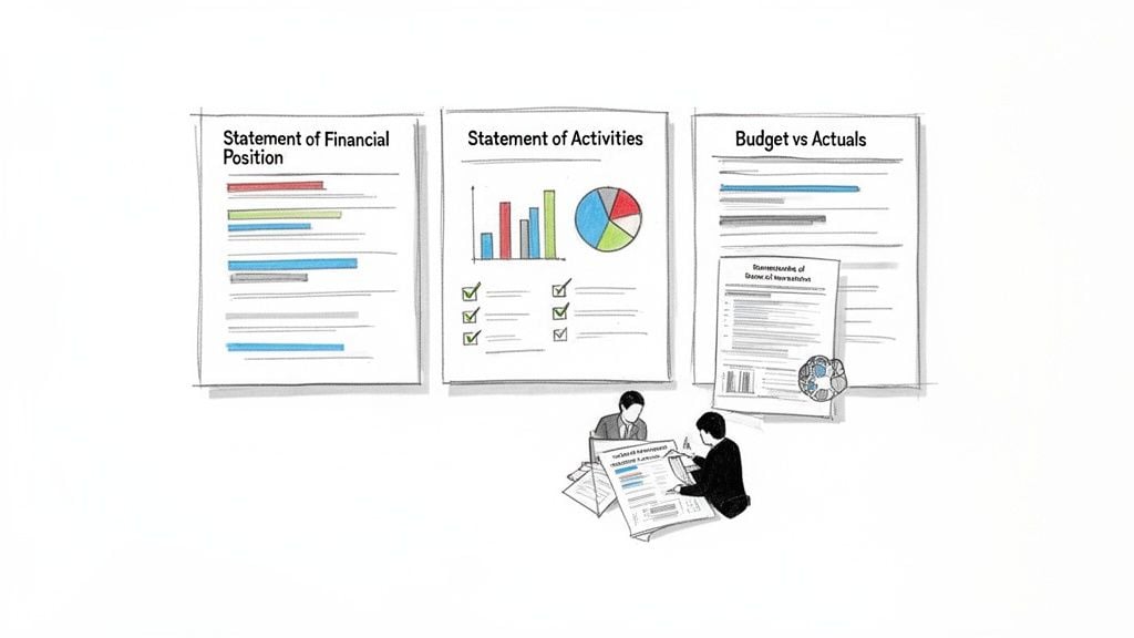 Illustration of financial reports including statements of position, activities, and budget vs actuals, with two people reviewing documents.