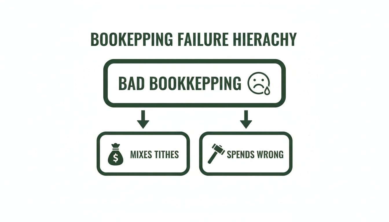 A diagram illustrating the bookkeeping failure hierarchy, showing bad bookkeeping leading to mixing tithes or spending wrong.