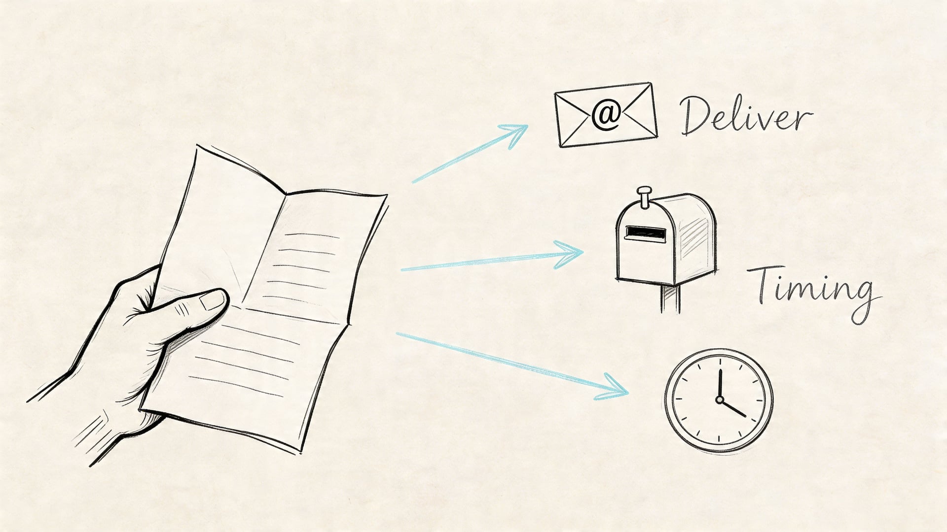 A hand holding a letter with arrows pointing toward an email icon, a mailbox, and a clock.