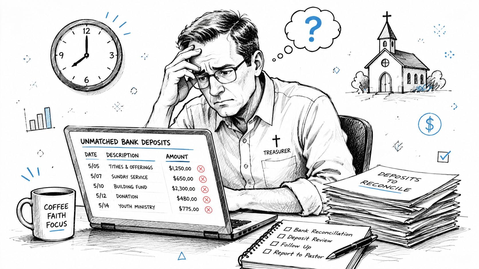A stressed church treasurer looks at a laptop screen filled with unmatched bank deposits and paperwork.