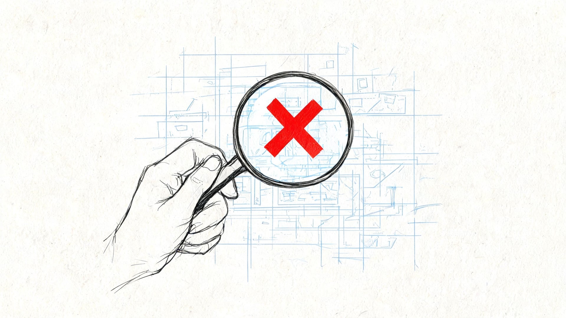 A hand holding a magnifying glass over a red X symbol against a blueprint background.