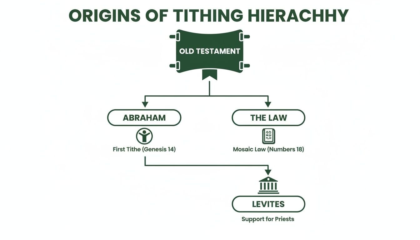 A diagram illustrating the Old Testament origins of tithing hierarchy, featuring Abraham, The Law, and Levites.